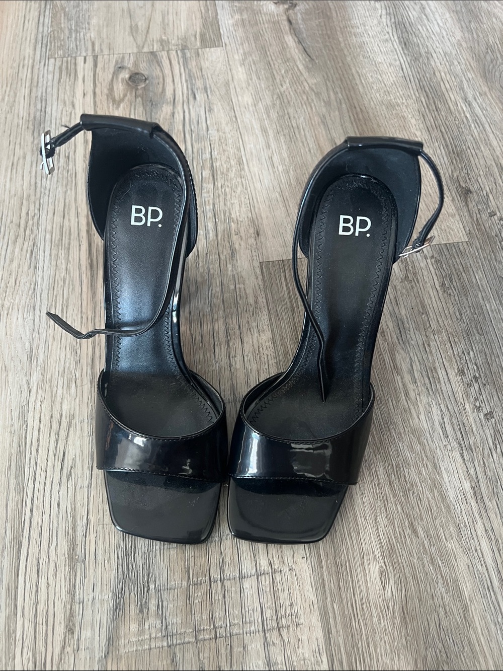 bp Black Patent Square-Toe Ankle-Strap Block Heels